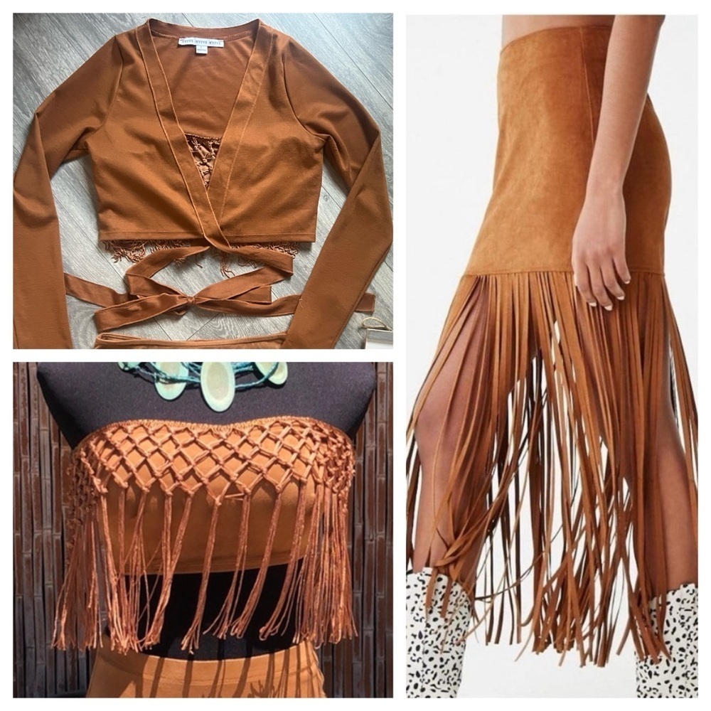 Bear Dance & HYFVE Cognac Fringe Skirt Wrap Top & Bandeau Top Rave Bundle Size L - Picture 14 of 16